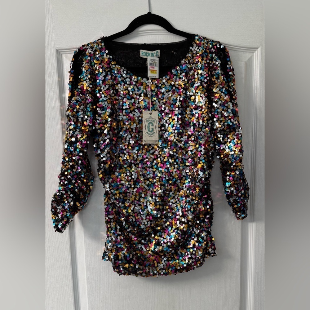 Rockin’ C multicolor Sequin Women's Top with an upper arm cutout